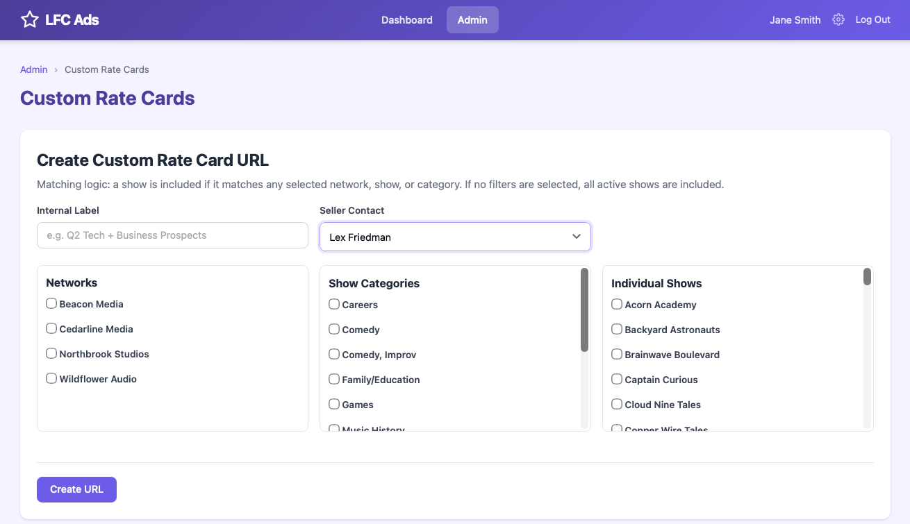 Custom rate card builder